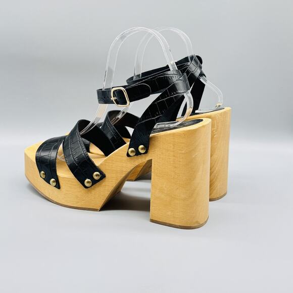 Free People Sandals Womens 10 Black Wood Platform Ankle Strap Block Heel - Picture 6 of 13